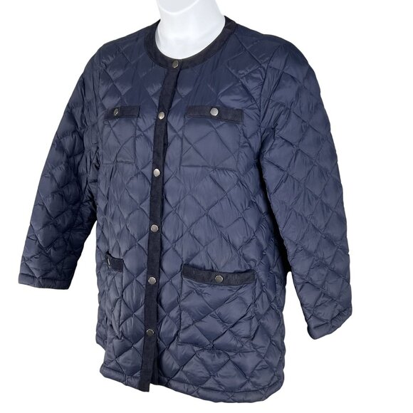 J. Jill Womens Lp Navy Diamond Quilted Down Puffer Jacket Corduroy Trim Snap Up - Picture 6 of 15